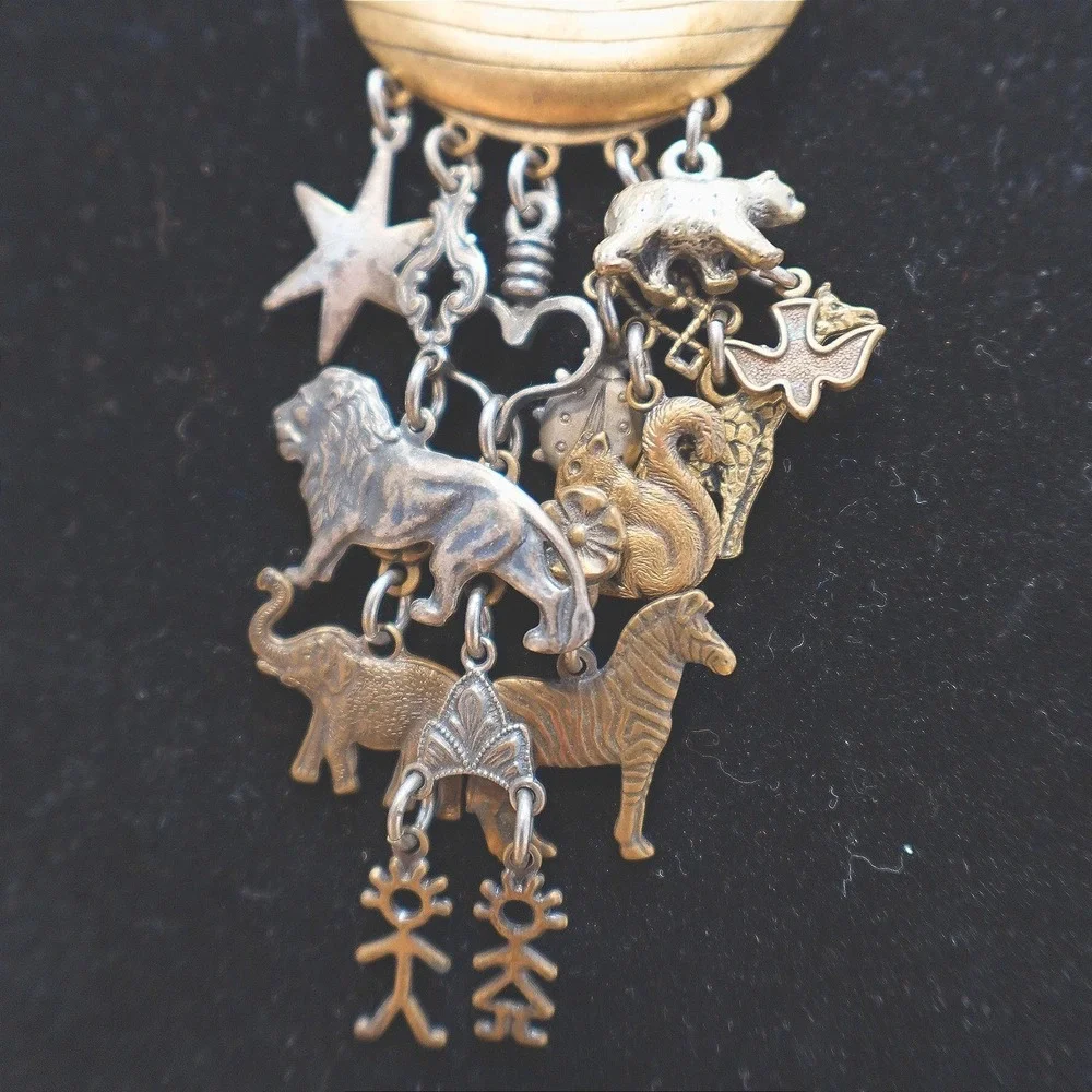 Vintage Noah's‎ Ark Brooch or Pendant Bronze & Silver Tone 4 inch Dangle Jewelry
